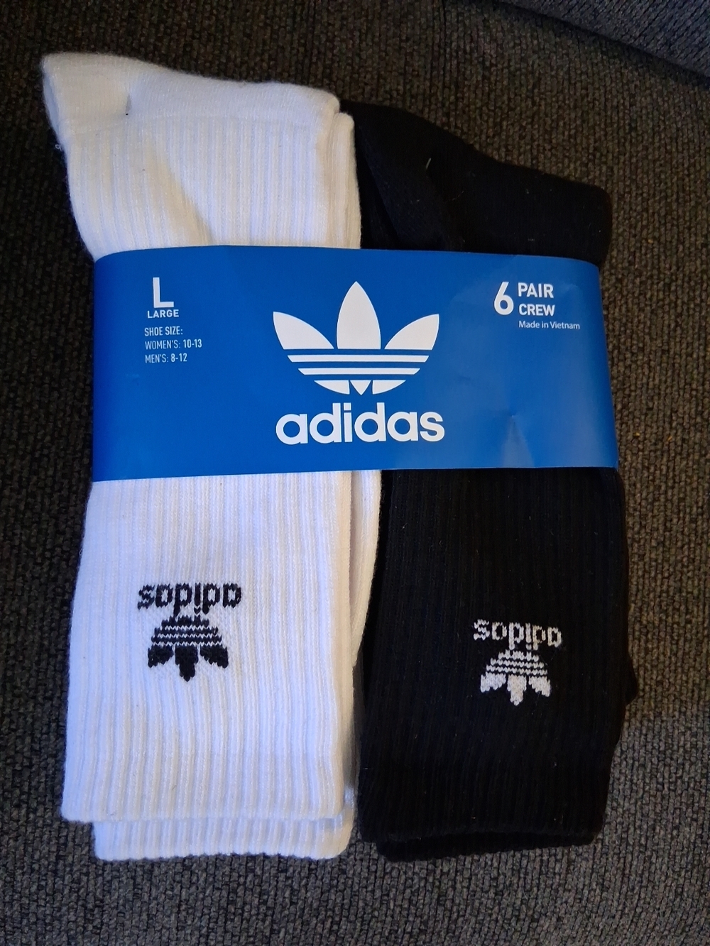 adidas Crew Socks 6-Pack 3 pair White & 3 pair Black size L adult Moisture Wick